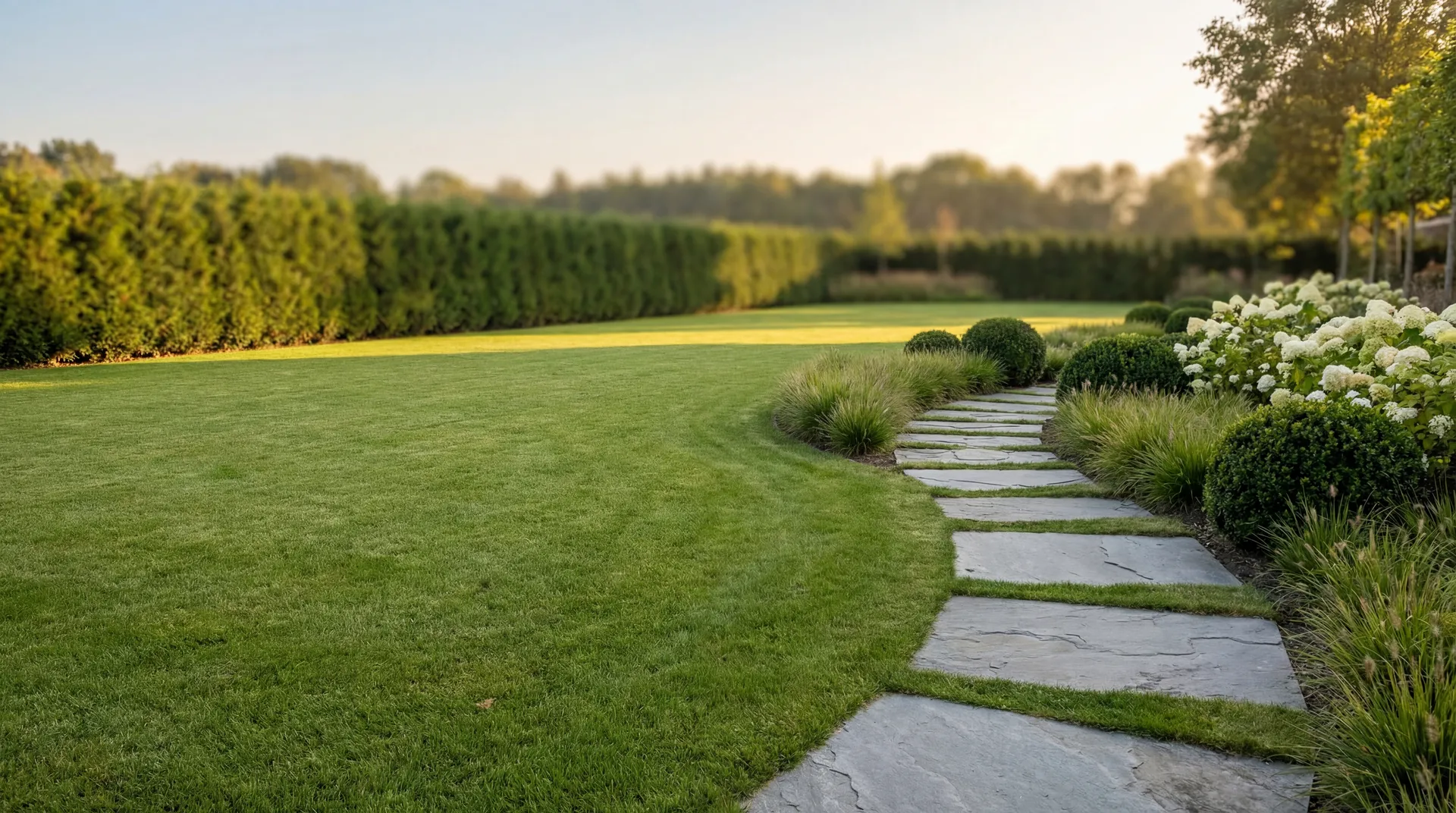 Een goed onderhouden tuin met een stenen pad, bloeiend struikgewas en een groene haag op de achtergrond.