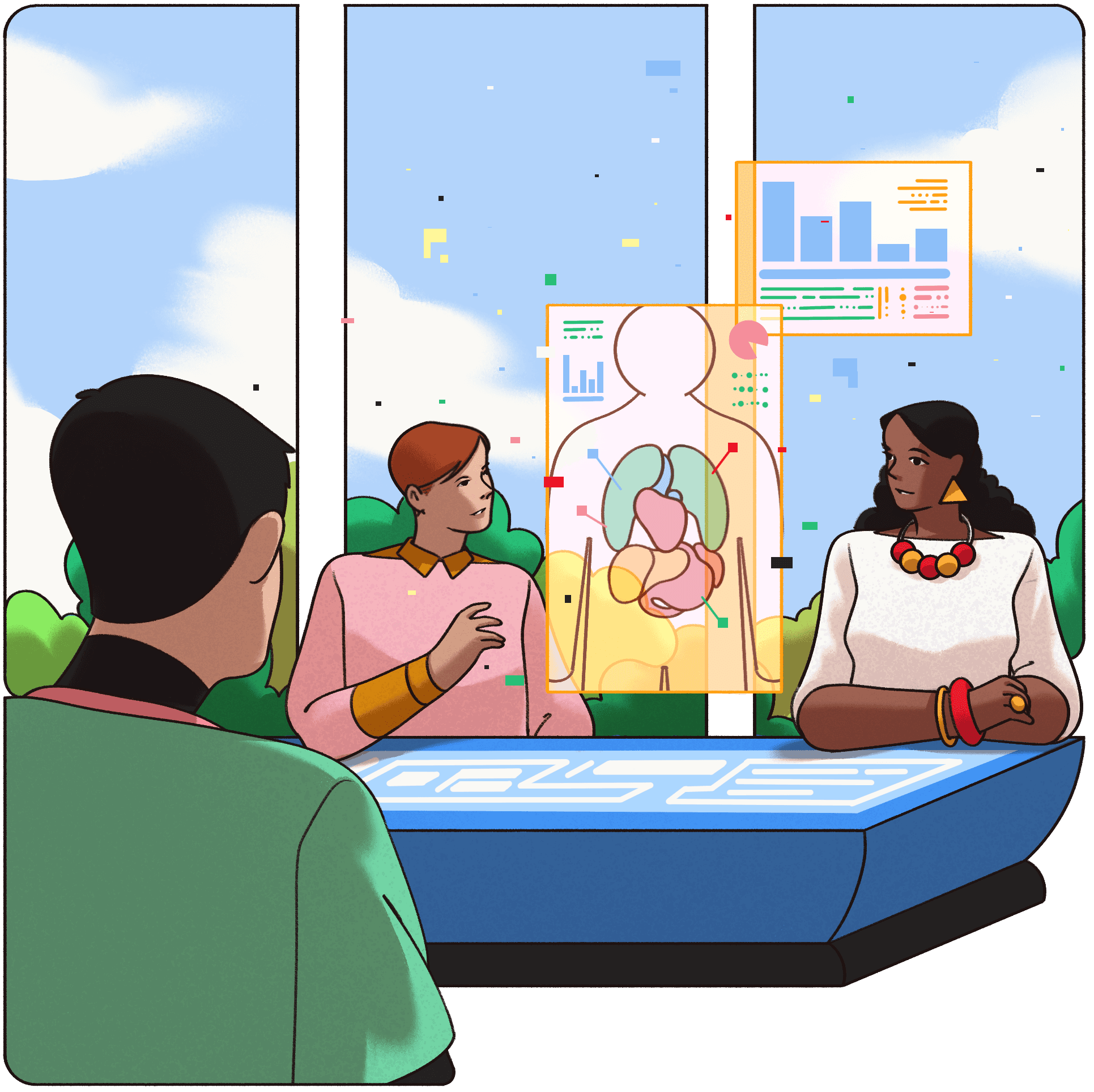 Visual depiction of professionals in a high-tech conference room, surrounded by digital screens showcasing metrics and presentations.