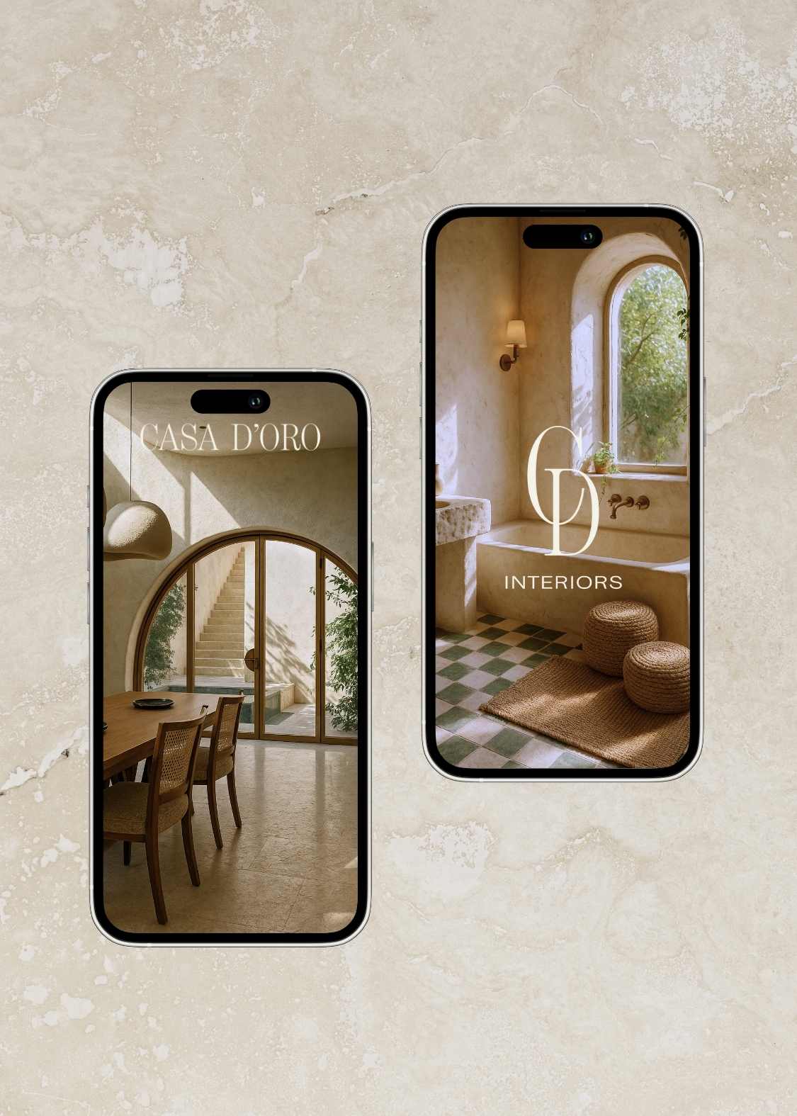Casa D’Oro brand identity mobile mockups howcasing Mediterranean-inspired interior design visuals on textured stone background.