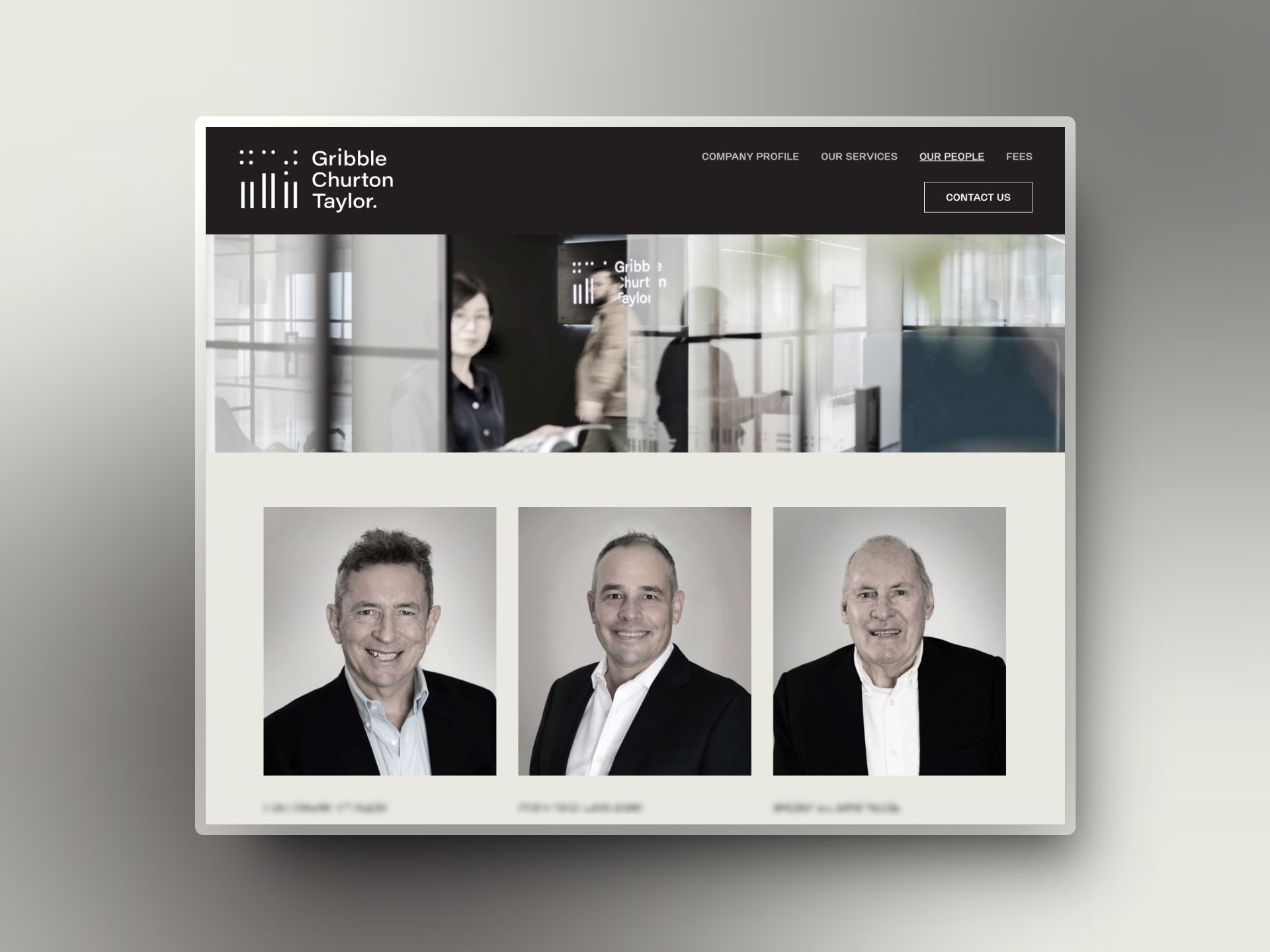 Our People page featuring Gribble Churton Taylor's senior leadership team, with modern office interior and professional corporate headshots of three directors