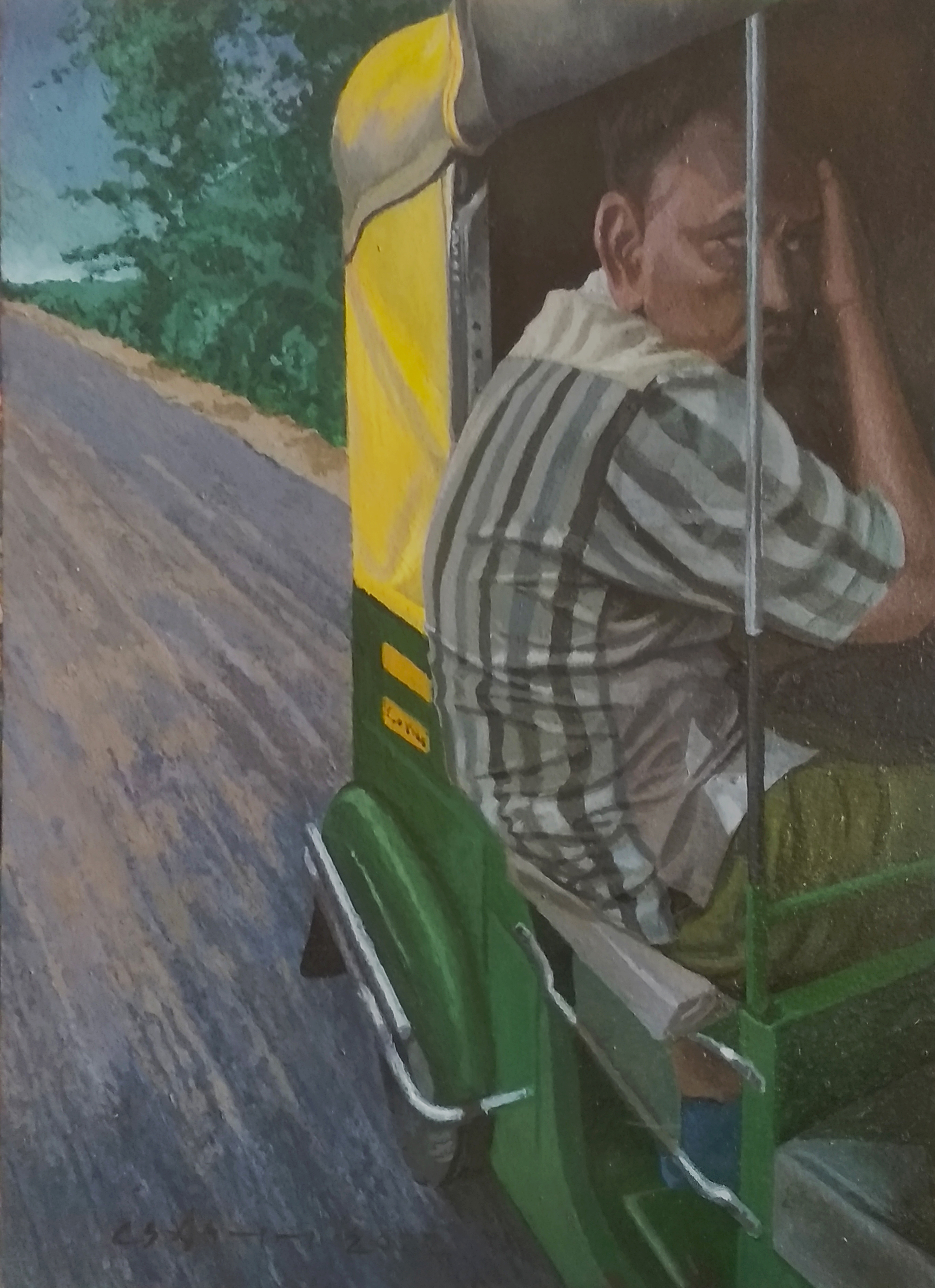 herd of sheep on road painting