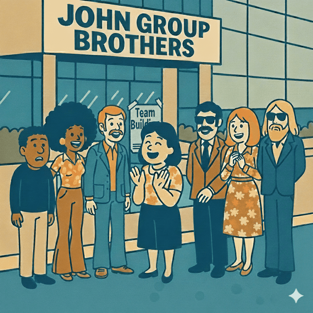 Employés devant leurs locaux découvrant avec joie qu'ils font faire un team building dans leurs locaux