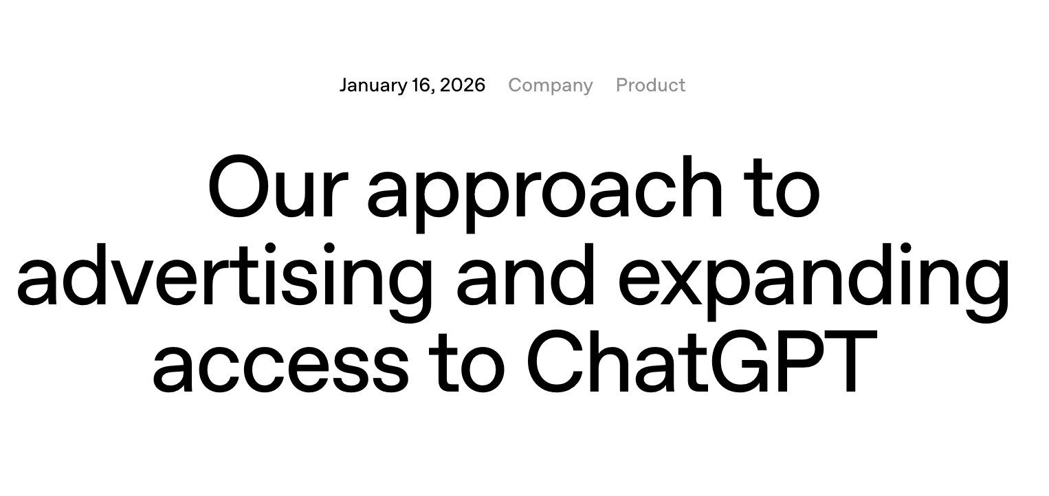 Screenshot of an OpenAI press release page dated January 16, 2026, titled “Our approach to advertising and expanding access to ChatGPT.