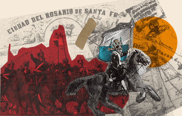 Pintura del Regimiento de Granaderos a Caballo desfilando frente a la población, con mujeres y niños despidiendo a los soldados antes de partir al combate.