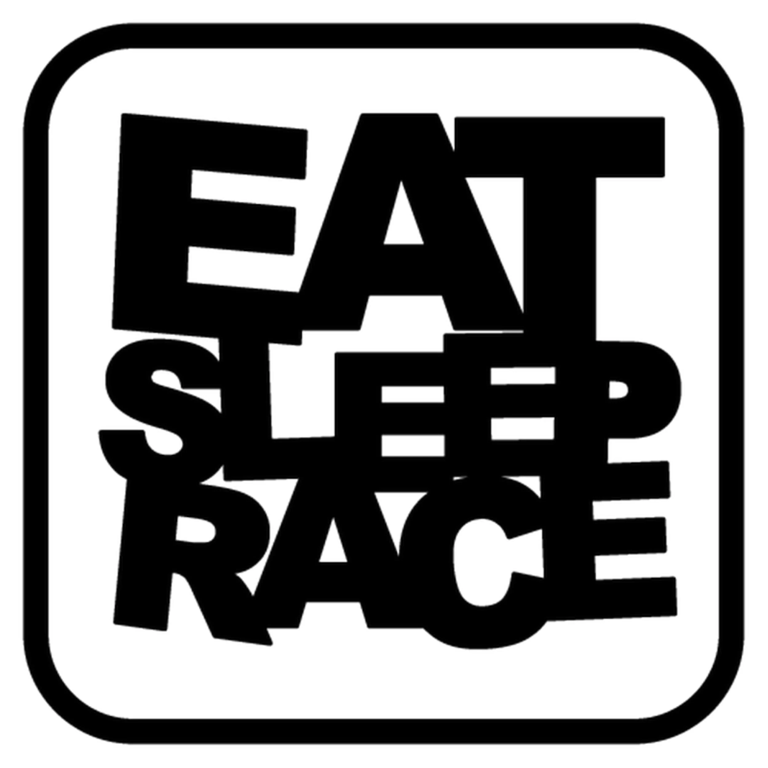 Bold black Eat Sleep Race logo with stacked block text inside a square border representing a lifestyle brand for motorsports fans.
