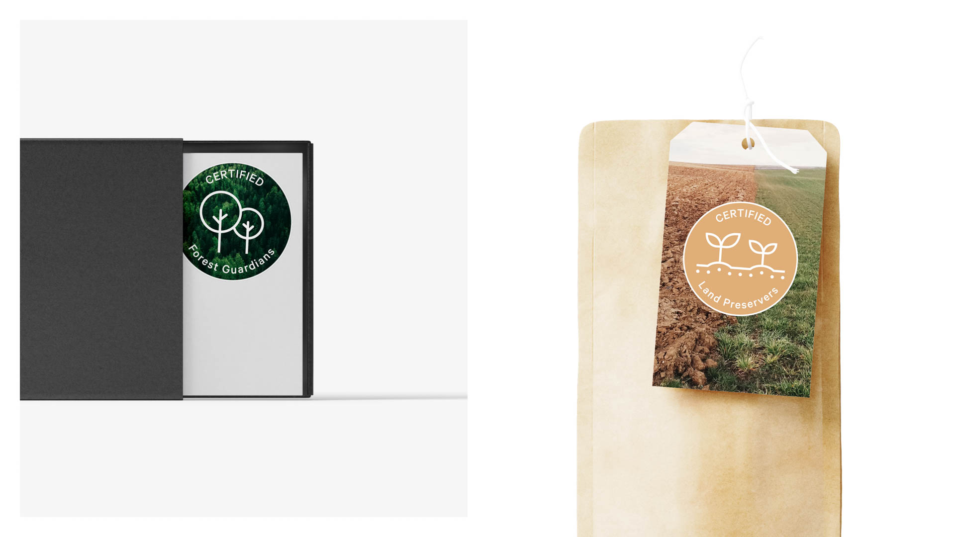 Two tea bags are shown side by side. On the left, a dark gray bag is partially open, revealing a circular logo that reads “CERTIFIED Forest Guardians” with three stylized trees. The bag is closed and sits against a light gray background. On the right, a light brown tea bag is tied with a white string, featuring a circular label that reads “CERTIFIED Land Preservers” with a stylized tree image.
