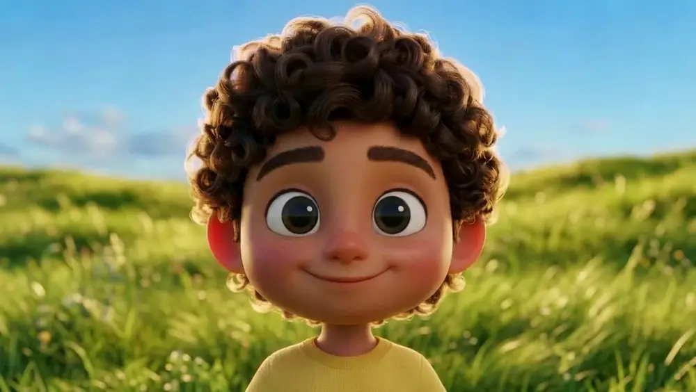 Scene 27: close up of the boy smiling in the sunlit meadow