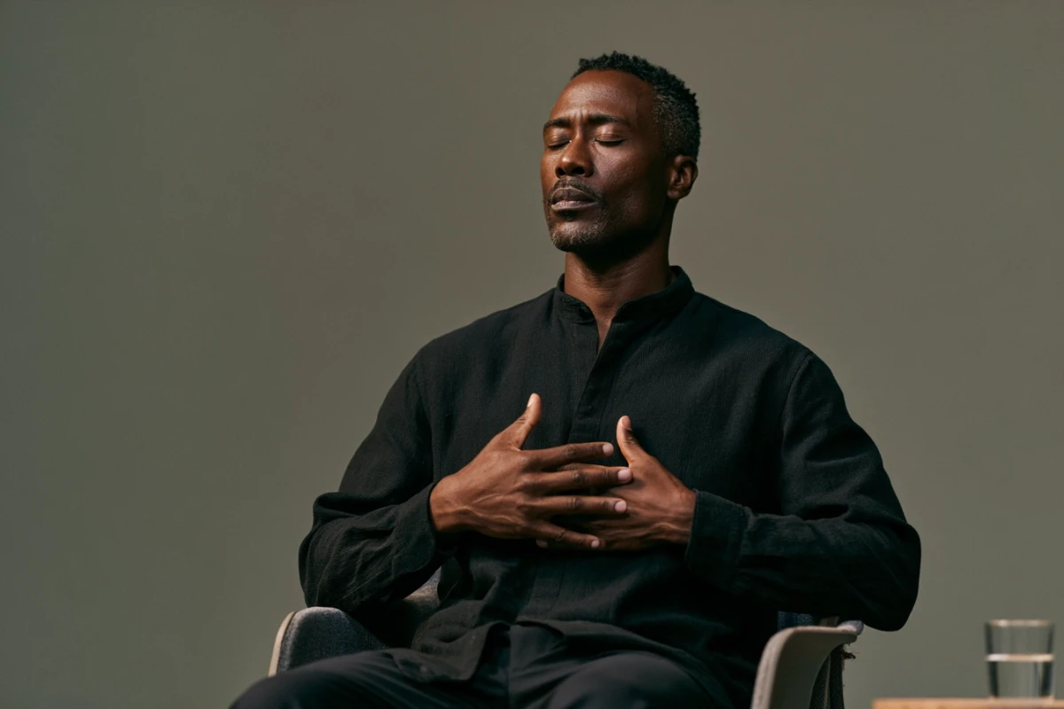 A man touching his sternum with two fingers, feeling the vibration as he hums with his mouth closed.