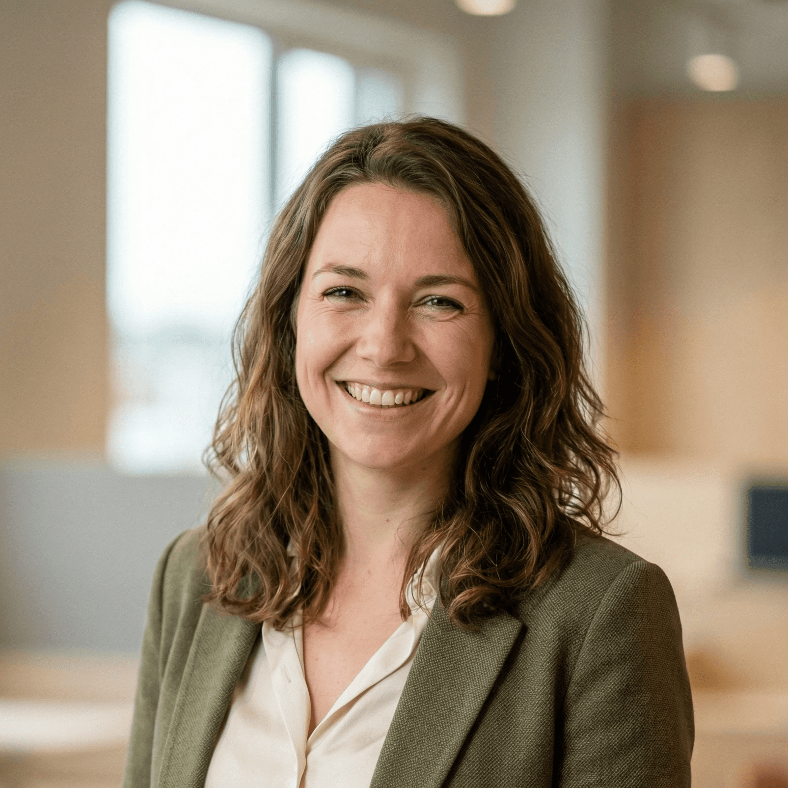 A smiling woman with wavy brown hair wearing an olive green blazer and white blouse in a blurred office setting.