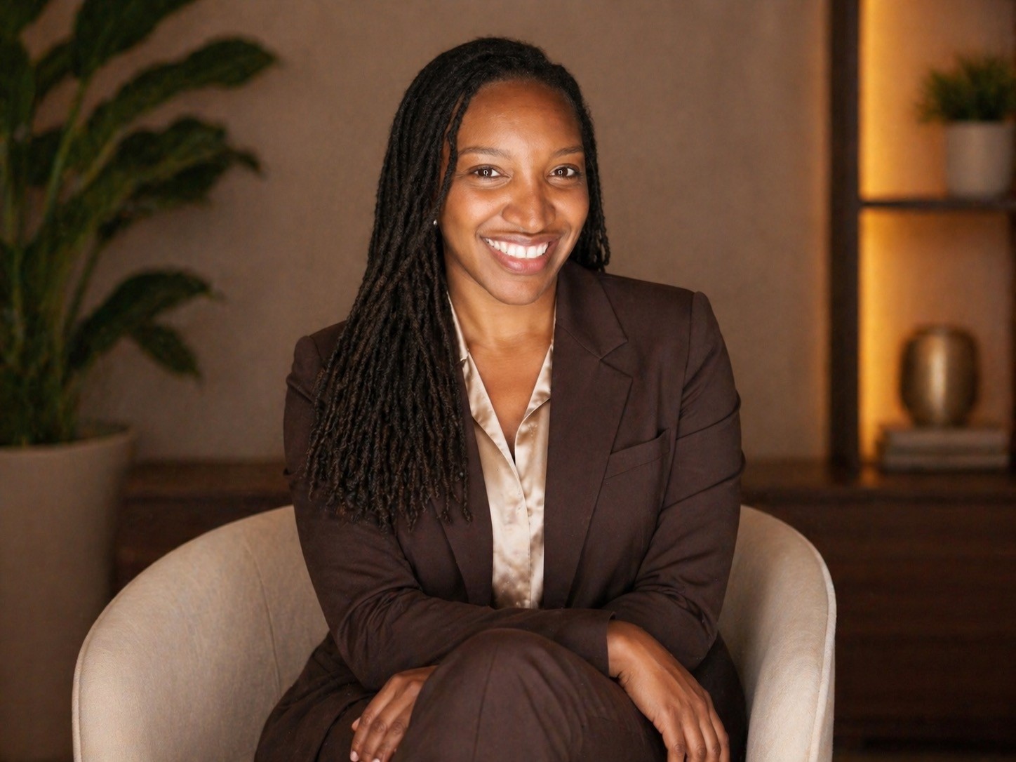 Smiling female therapist with short gray hair, wearing a brown top and a purple shawl, surrounded by a cozy background.