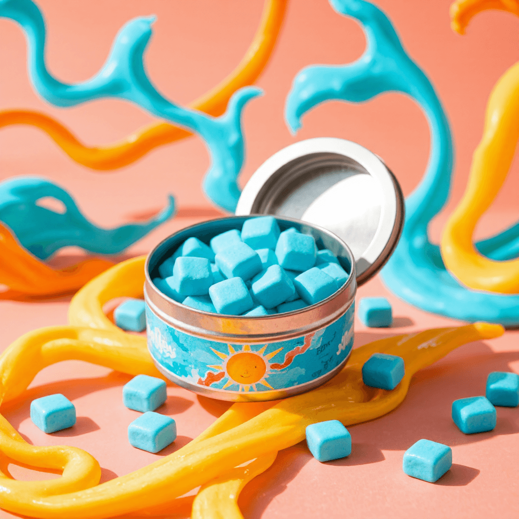 product photography of a tin of xylitol candies