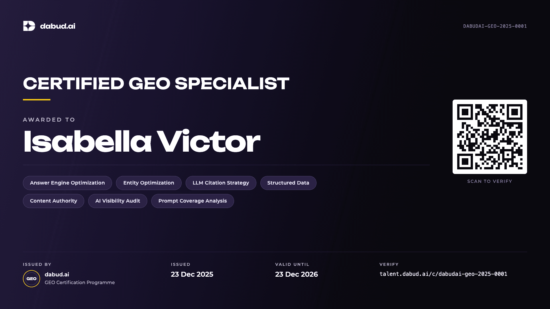 Dabudai Certified GEO Specialist certificate