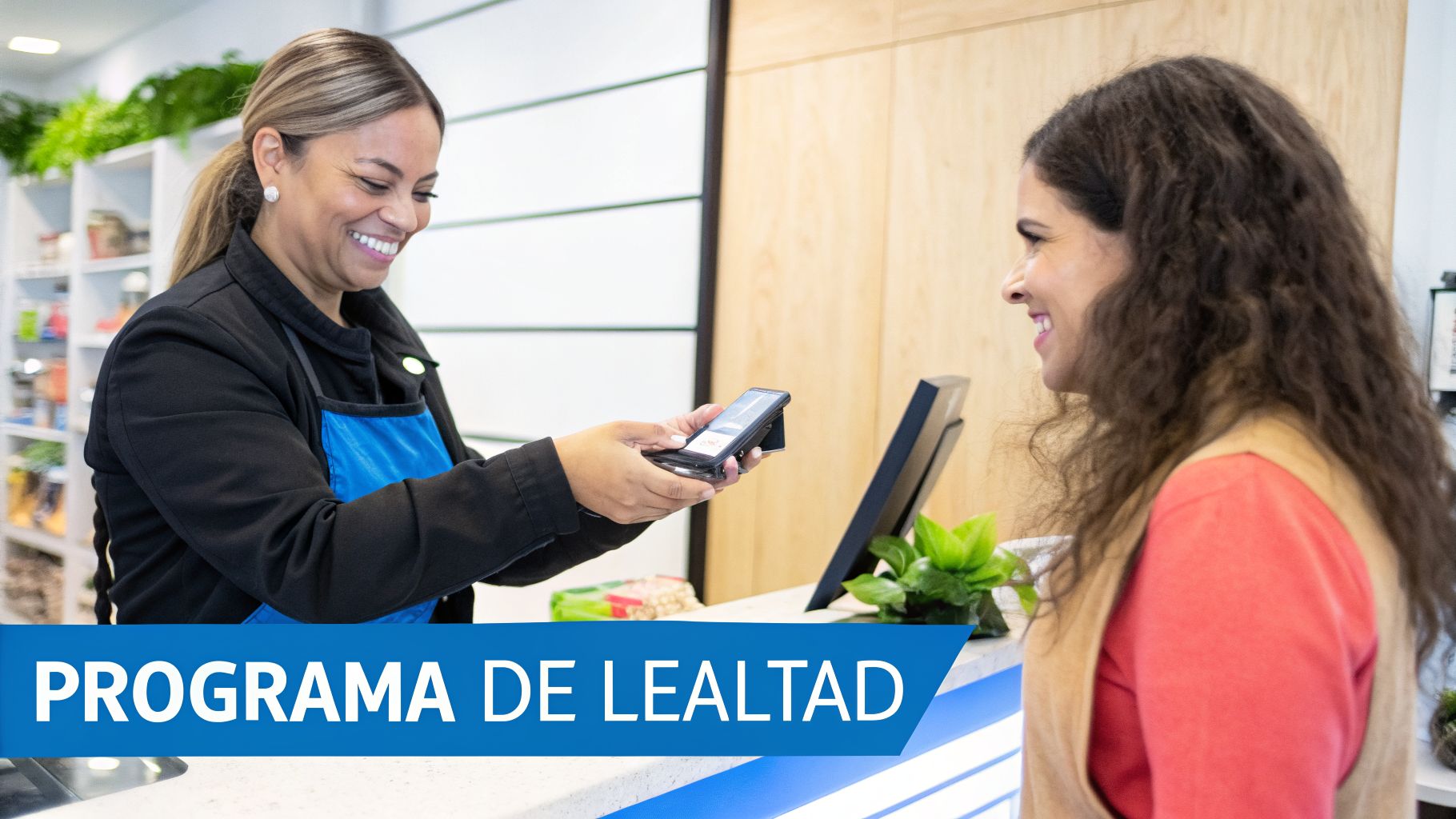 Cajera sonriente asistiendo a una cliente con un programa de lealtad en un comercio minorista.