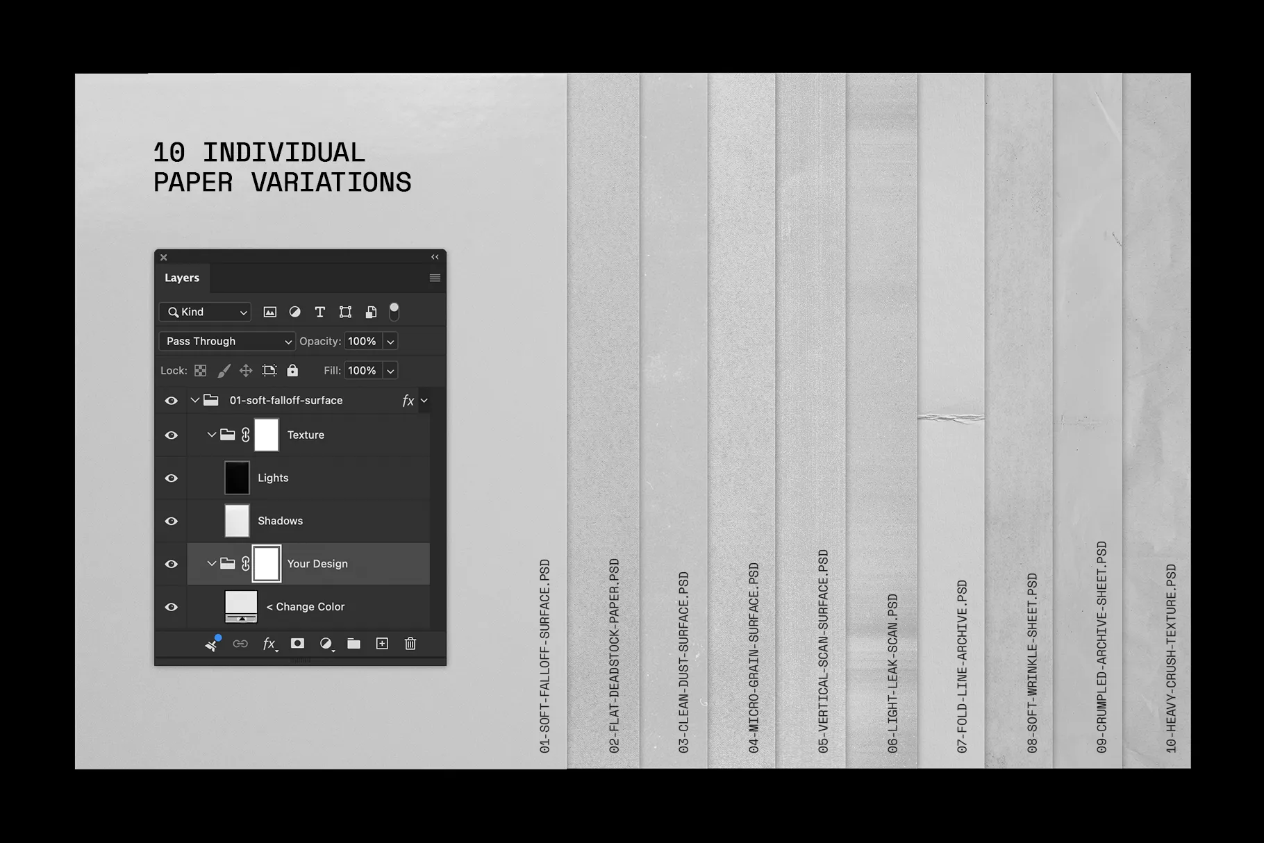 Editorial Archive Mockup Kit paper variations preview with ten editable texture files