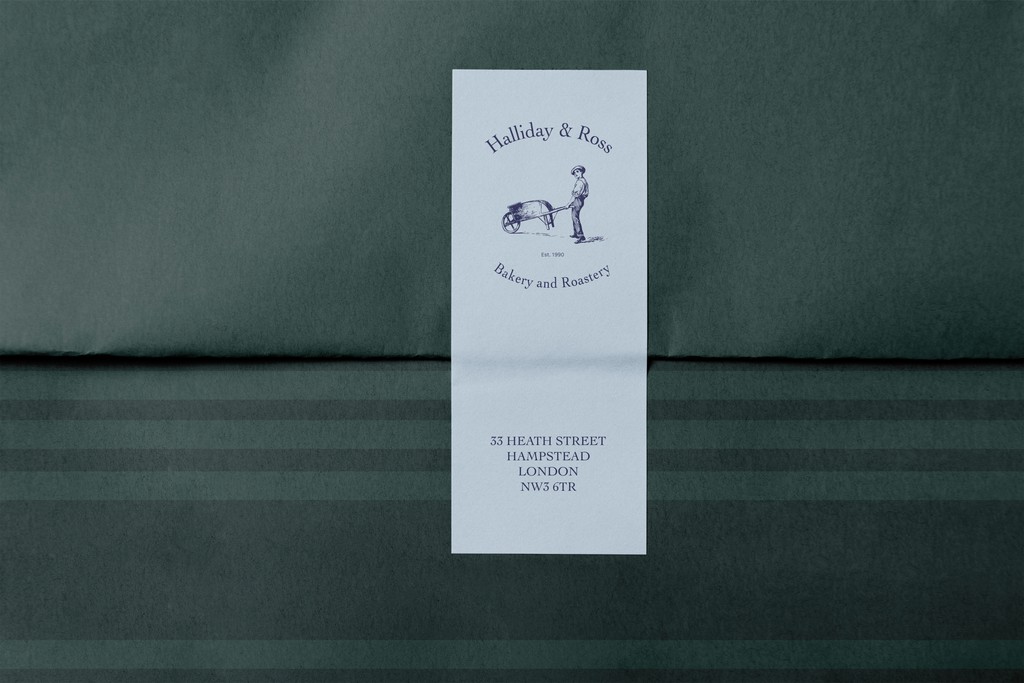 Halliday and Ross green envelope design with stripes and light blue label showing cafe location