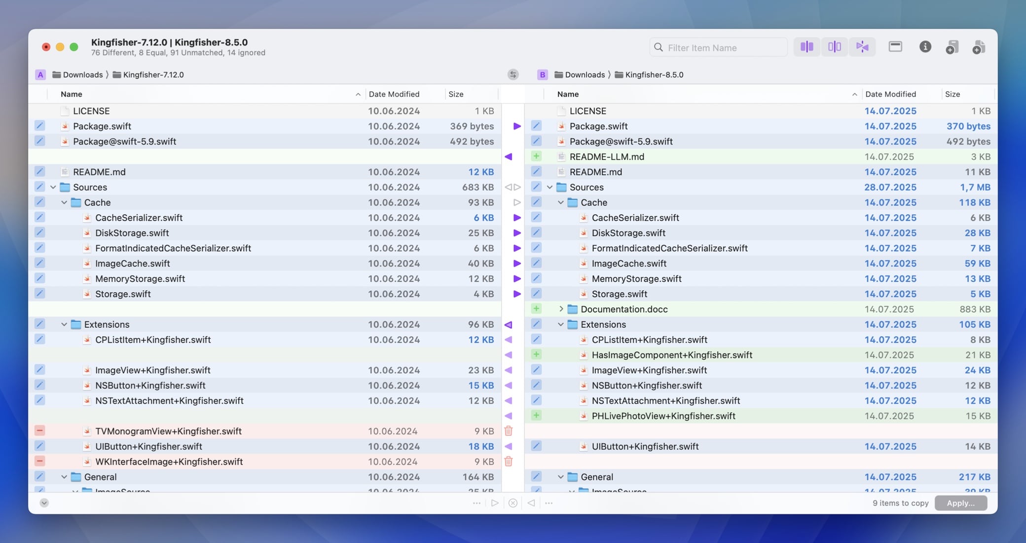A folder comparison with some copy operations specified.