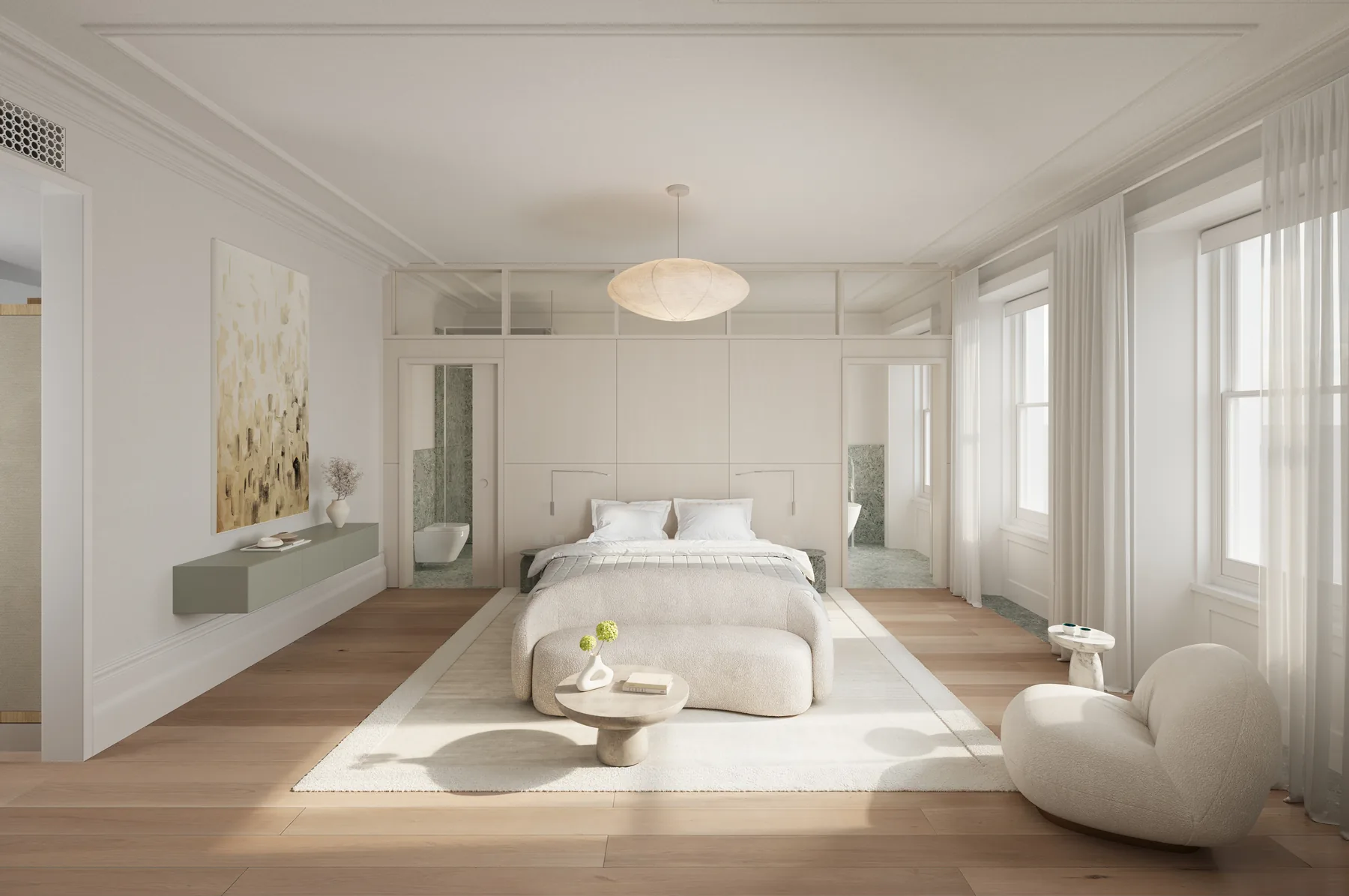 Bedroom with heritage character and warm lighting — Leinster House rendering