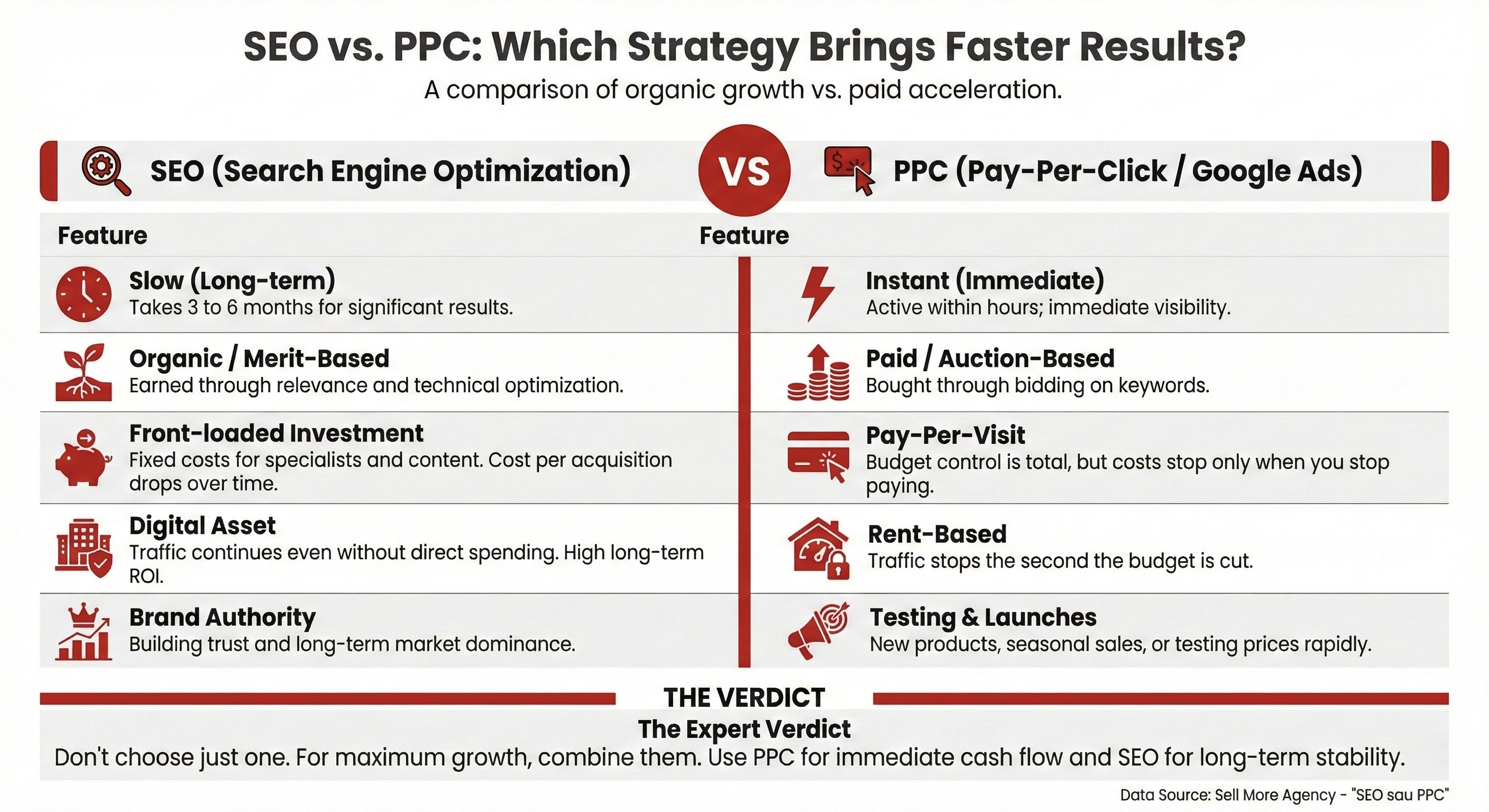 Infograma care compara strategiile de SEO versus PPC. Arata difetenrele intre viteza, cost, durabilitate. SEO construieste autoritate pe termen lung, pe cand PPD ofera trafic imediat pentru lansarile de produse sau servicii noi.