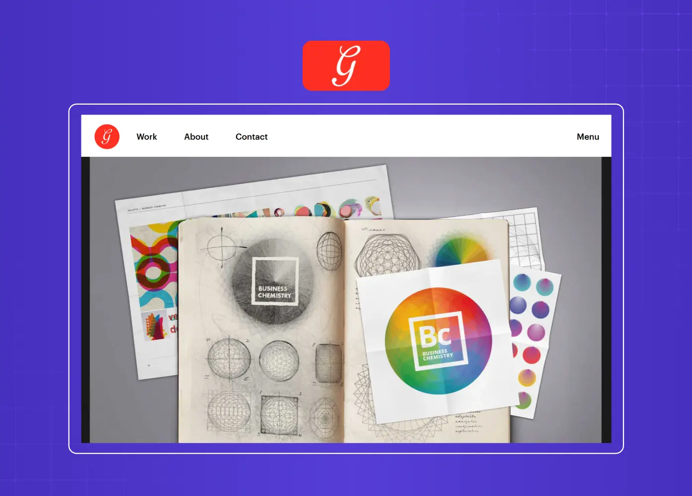Branding process showcase featuring sketches, color studies, and identity applications for Business Chemistry.