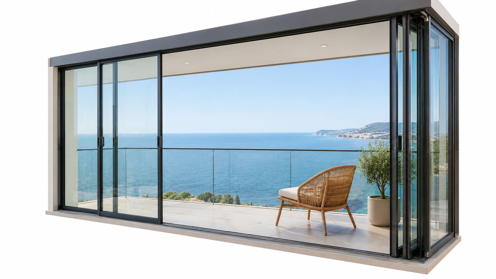 A modern balcony with glass sliding doors, a rattan chair, and a potted plant overlooking the ocean.