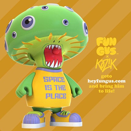 a green mushroom toy with the fun gus logo next to it