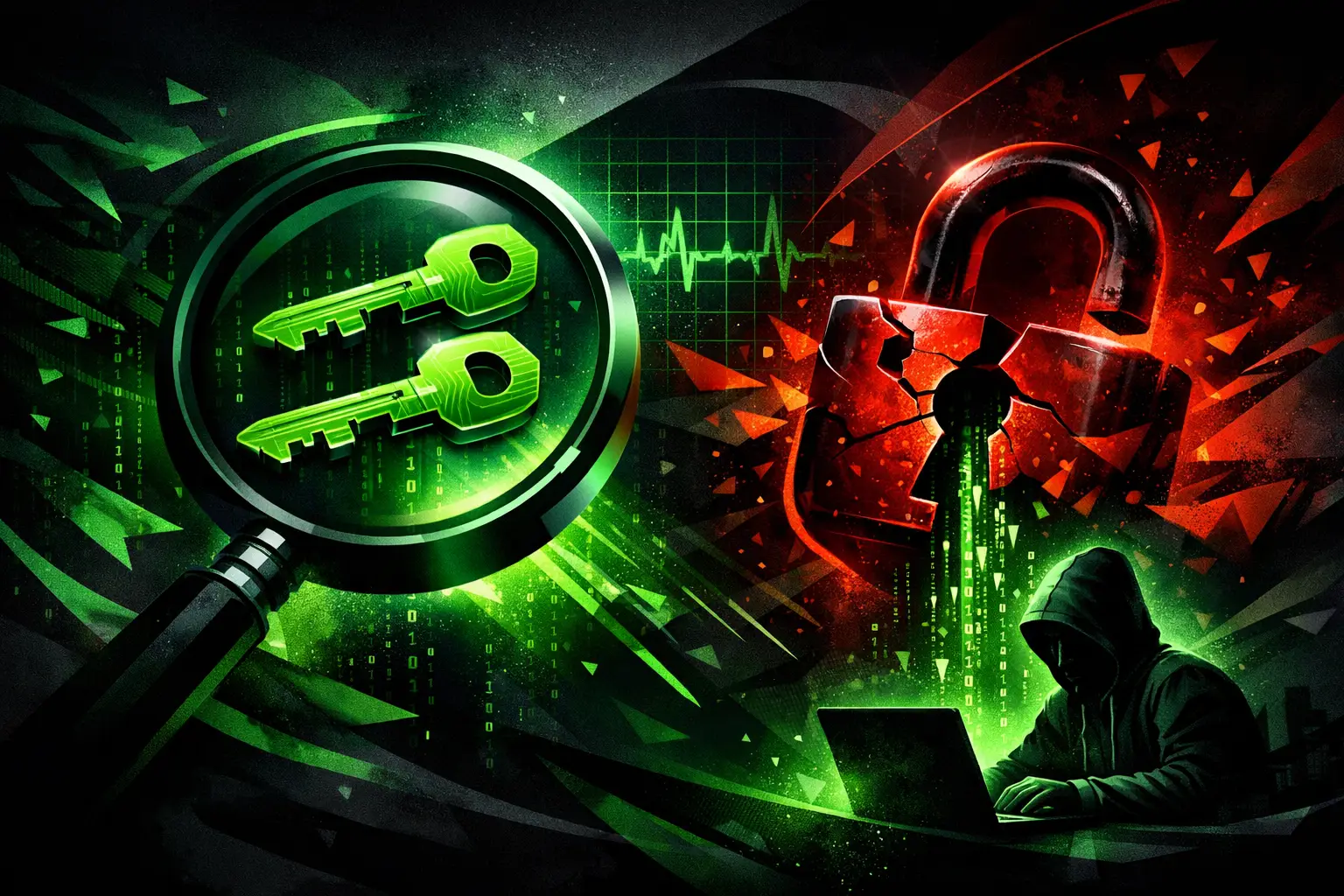 Green magnifying glass revealing two keys next to a broken red padlock, symbolizing exposed API keys and a security breach, with a hooded figure at a laptop in the background