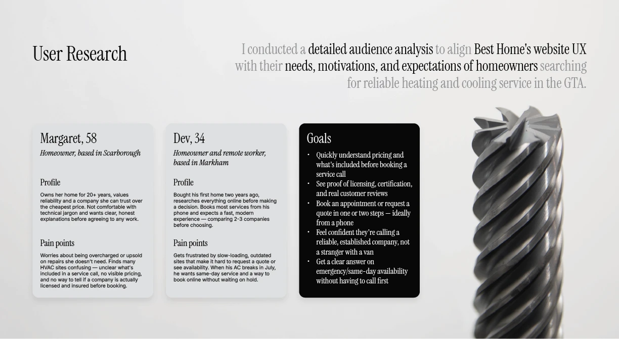 User Research section of the Best Home Heating and Cooling case study, featuring two homeowner personas and their goals for the website