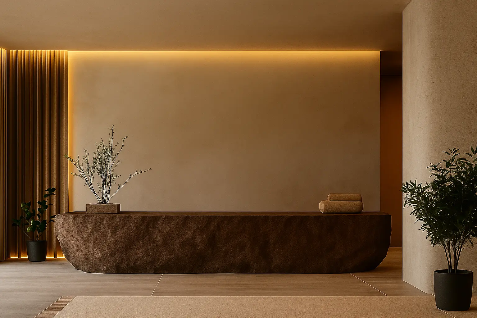 Modern and welcoming Pilates studio entrance with warm lighting and minimalist decor.