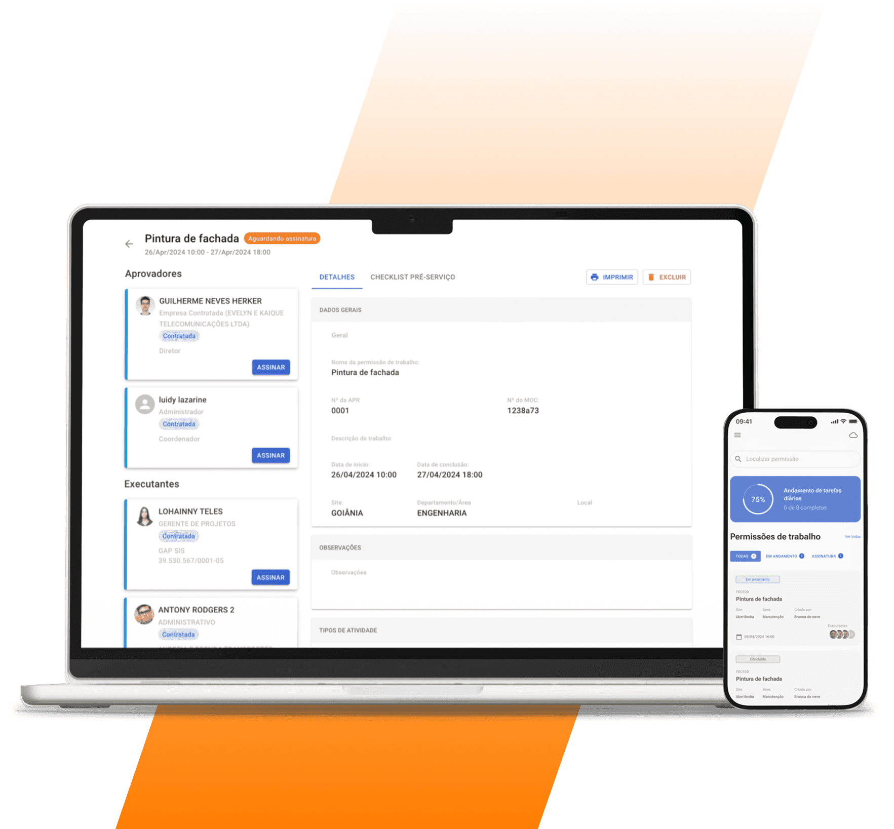 Tela de computador e de celular, mostrando como é feita uma permissão de trabalho pelo sistema da GAP