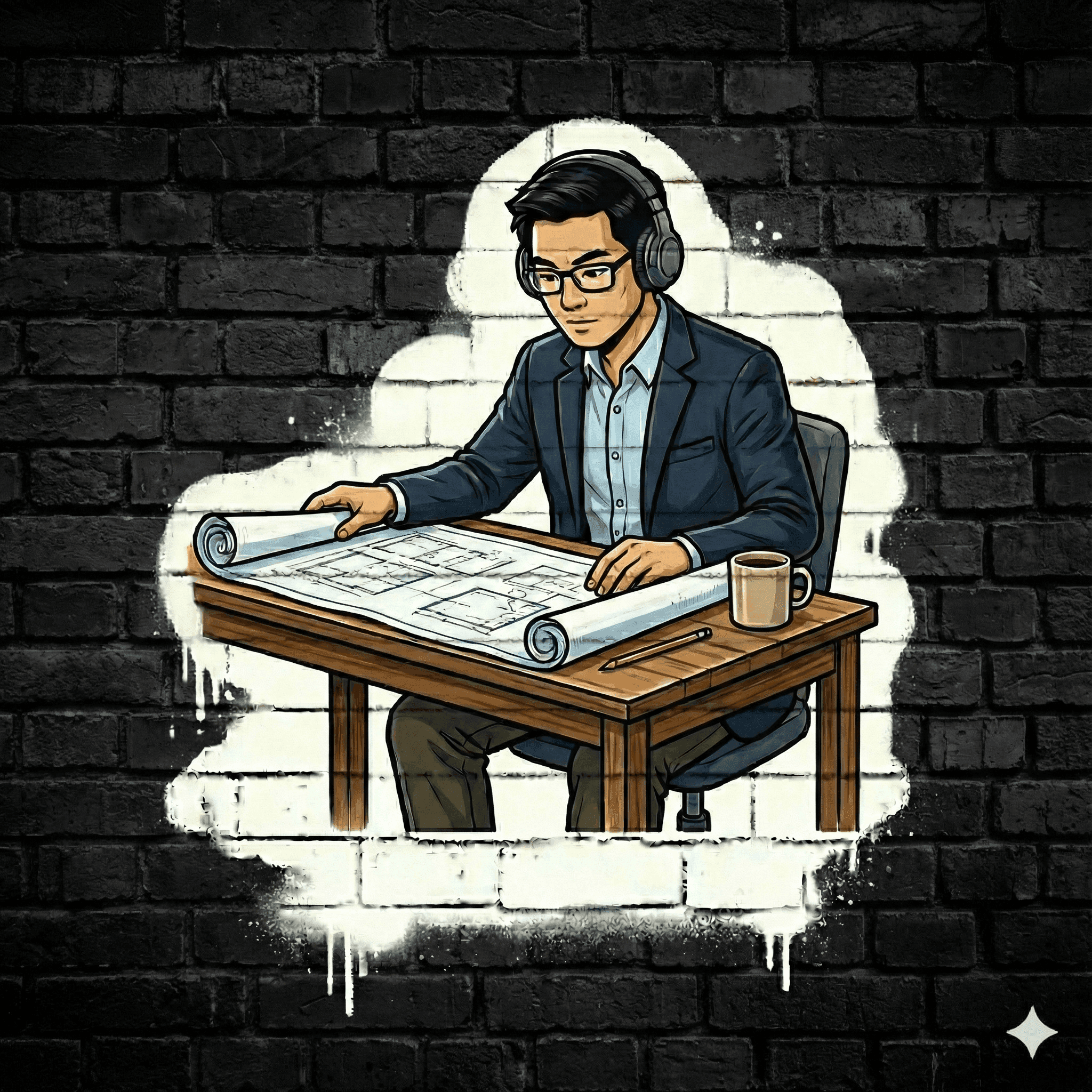 man looking at blueprints