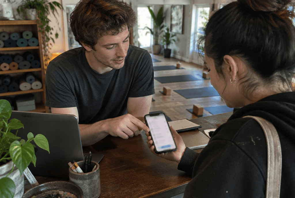 Yoga studio owner showing a client how to book a class on her phone at the front desk