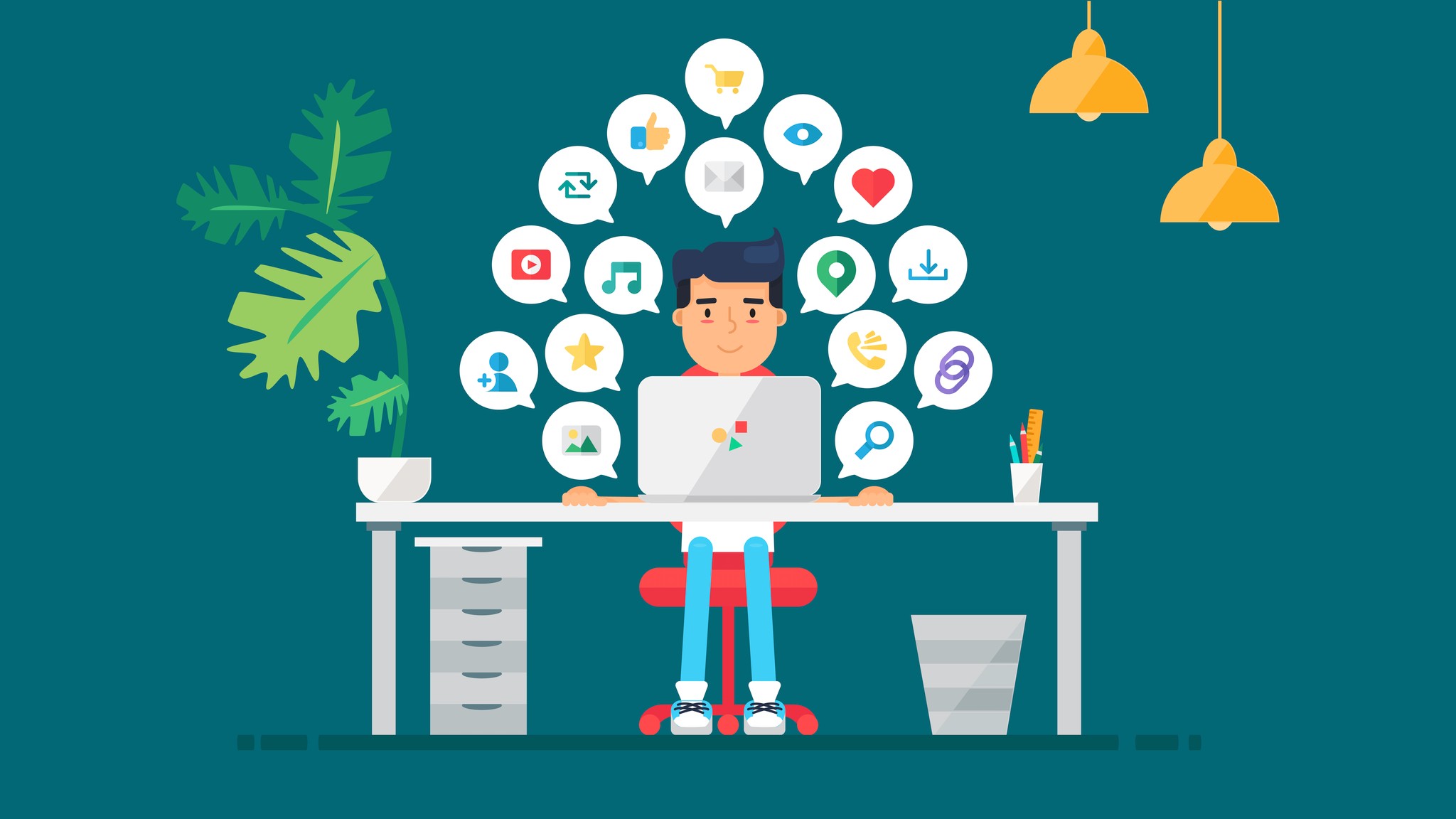 3. A man working at a desk, with an array of social media icons present, representing connectivity and online engagement.