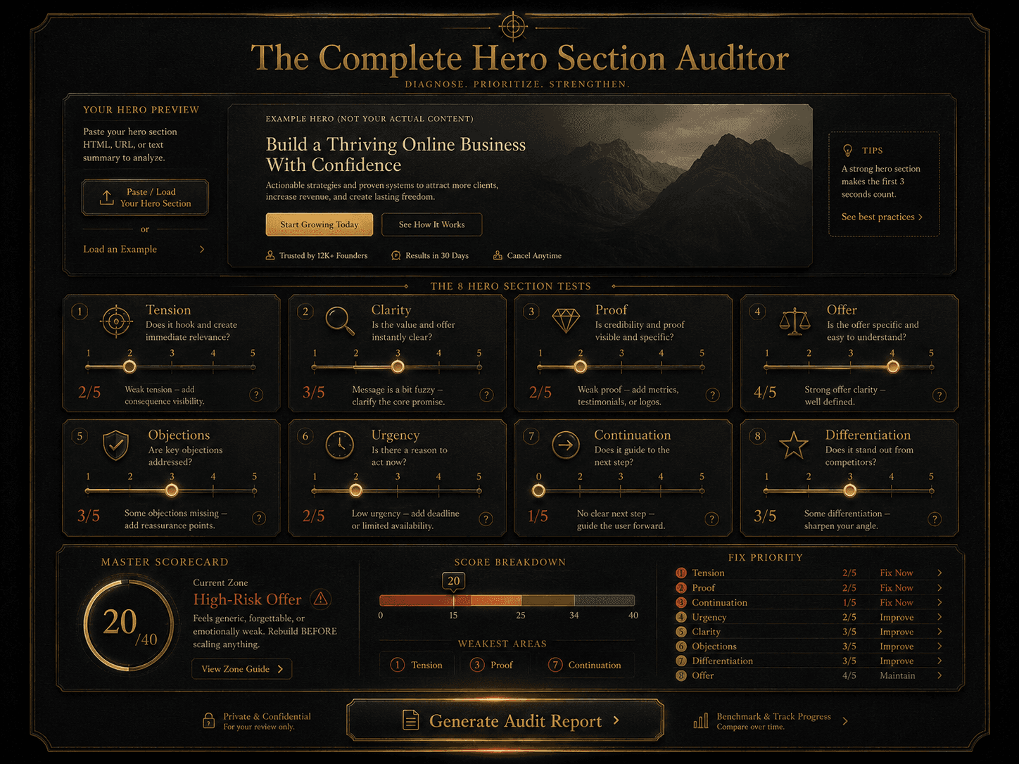 “The Complete Hero Section Auditor” Concept: A minimalist, interactive auditing tool. The interface shows:  Top section: A preview of the hero section being audited (user can paste their own or load an example).  Below: The 8 tests as toggleable cards. Each card shows:  Test name and icon  Score slider (1–5)  Brief diagnosis (e.g., “Weak tension — add consequence visibility”)  Below the tests: A master scorecard that updates dynamically, showing total score and zone interpretation.  Bottom section: A “Generate Audit Report” button that compiles all scores and recommendations into a downloadable PDF. A “Fix Priority” list shows which tests to address first (lowest scores).  Style: Luxury UI meets interactive diagnostic tool. Dark background, gold sliders, clean typography. Feels like a serious conversion auditing instrument.  Interaction: The user pastes their hero section (or loads an example). They adjust each score slider based on their honest assessment. The master scorecard updates in real-time. The “Fix Priority” list reorders based on lowest scores. Clicking “Generate Report” creates a diagnostic PDF with scores, weak signals, and fix recommendations.