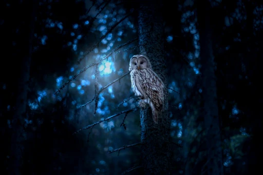 Tawny owl, moon behind