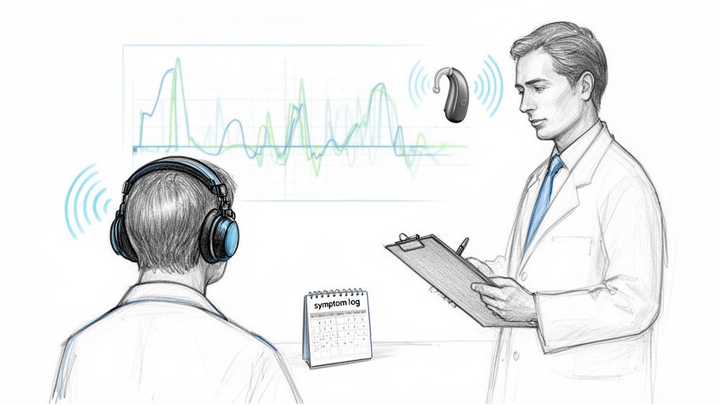 An audiologist performs a hearing evaluation on a patient, with a hearing aid and symptom log.