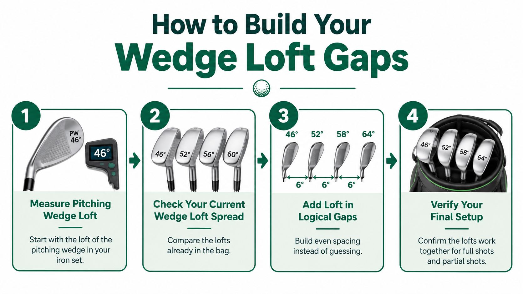 An infographic showing four steps to build consistent wedge loft gaps in a golfer's set.