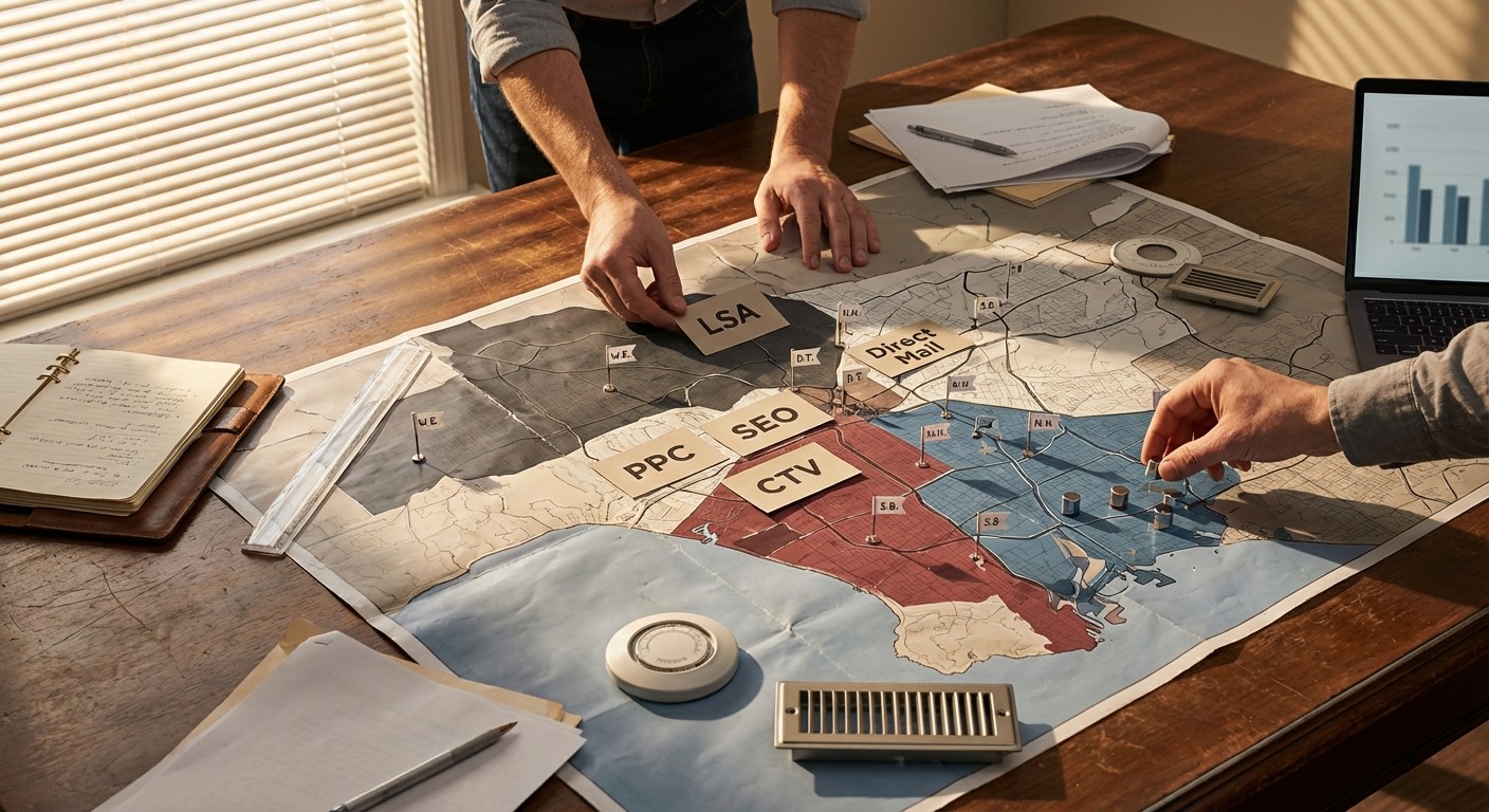 HVAC marketing channel allocation map displaying PPC, SEO, LSA, CTV, and direct mail spend distribution by region