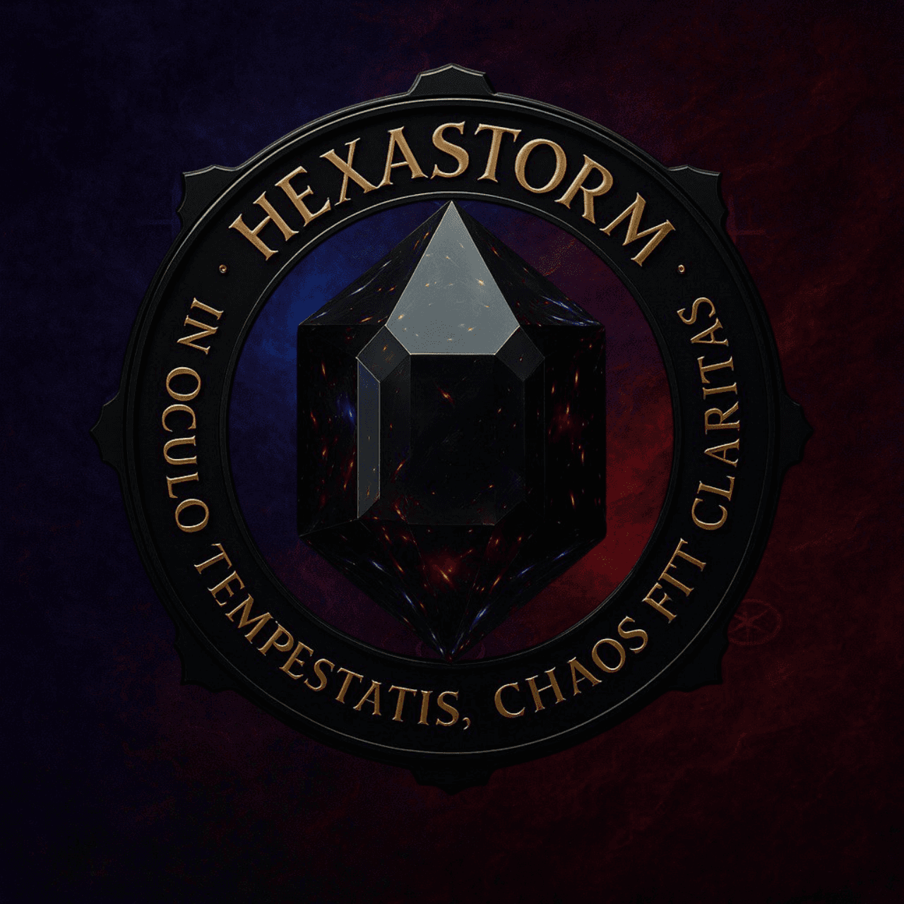 HEXASTORM Council NFT featuring a dark crystalline hexagonal core encircled by a golden ring, with the motto 'IN OCULO TEMPESTATIS, CHAOS FIT CLARITAS'. A mystical emblem representing the six-point governance circle of Cirqus Heresy.