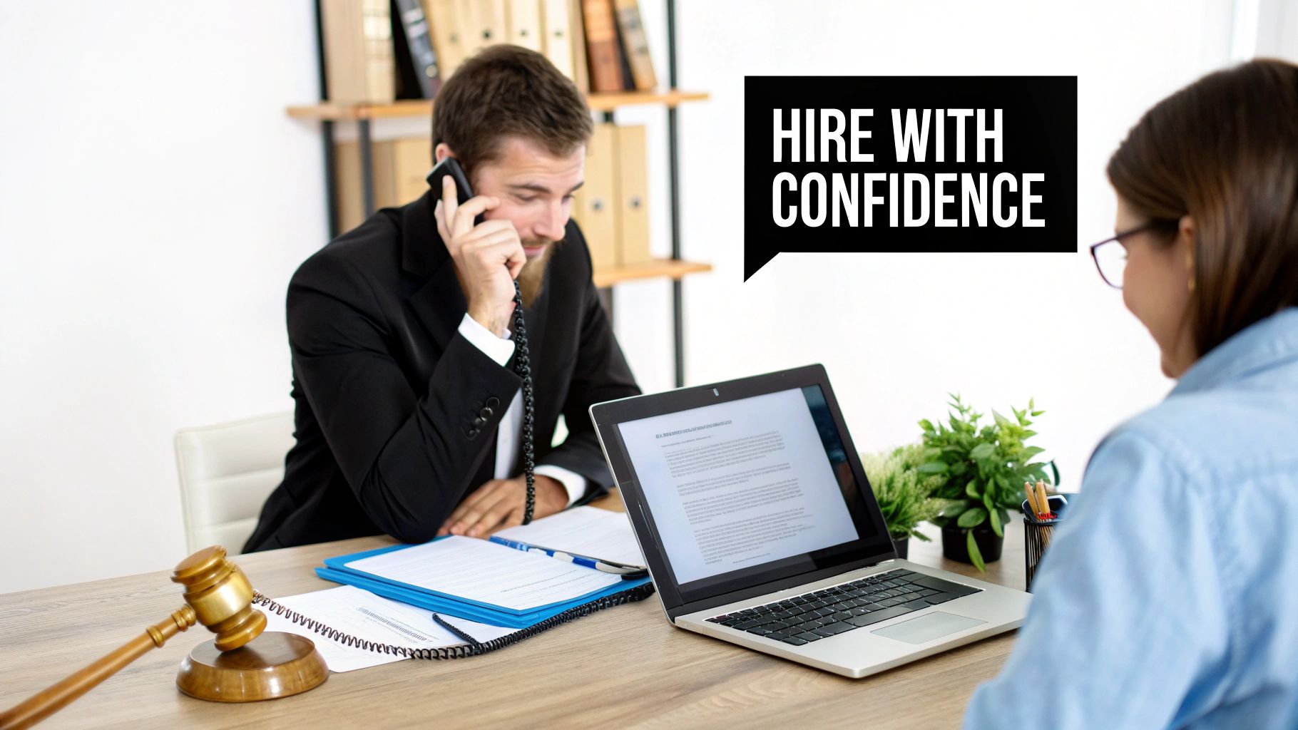 An attorney and client reviewing paperwork in a professional office.