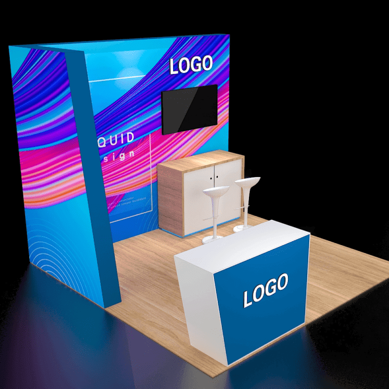 10x10 liquid graphic booth rental front view