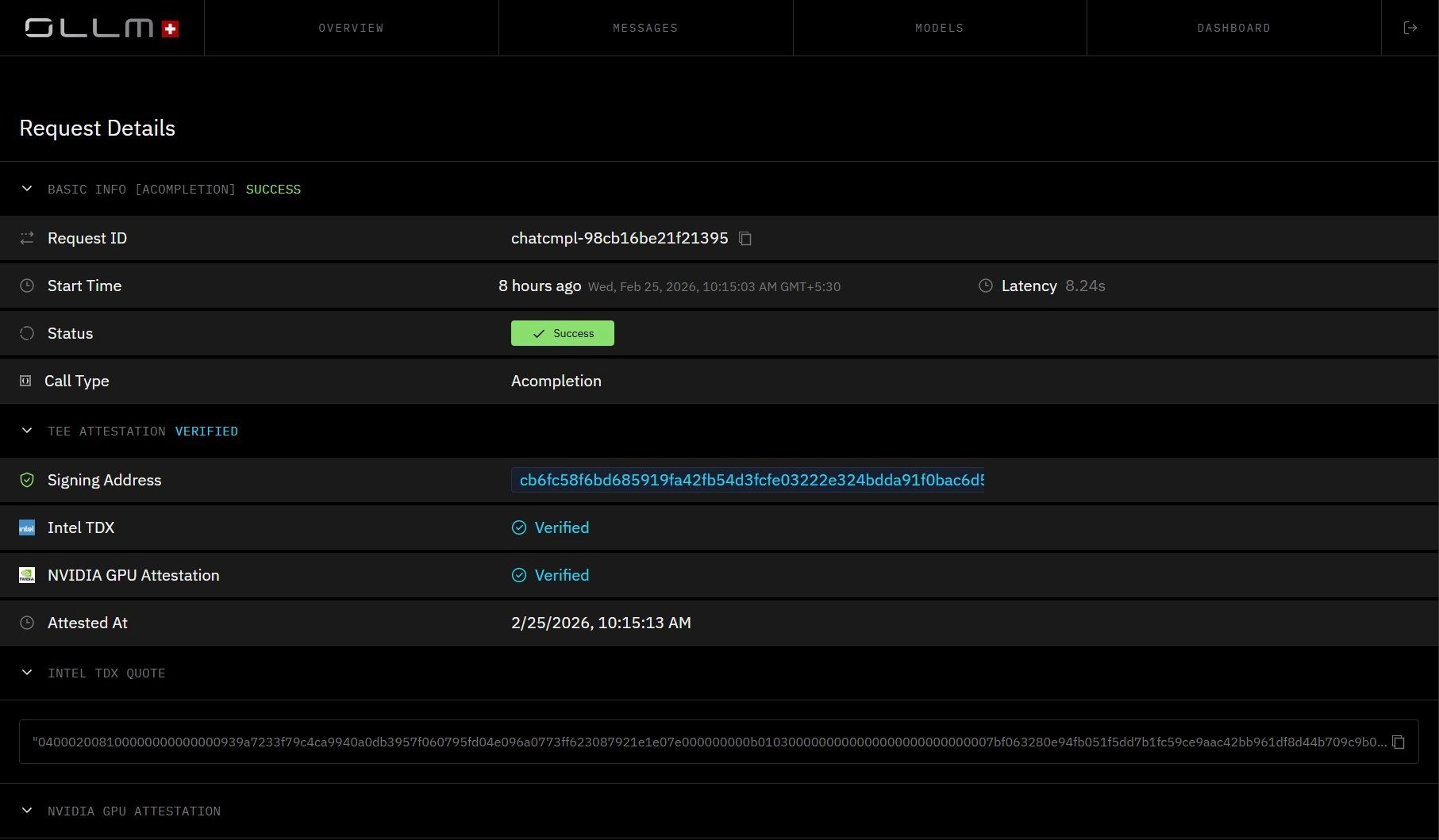 OLLM Request Details showing TEE Attestation Verified with Intel TDX and NVIDIA GPU Attestation both verified