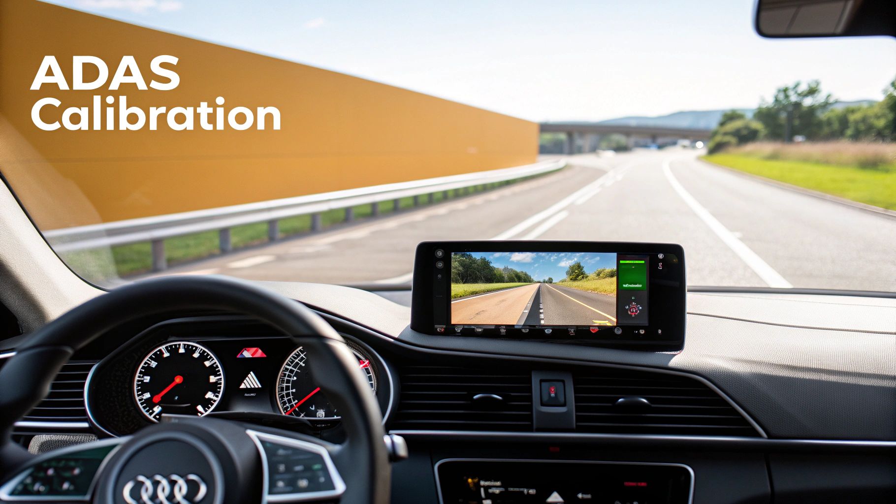 A technician working on the ADAS sensors of a modern car's windshield.