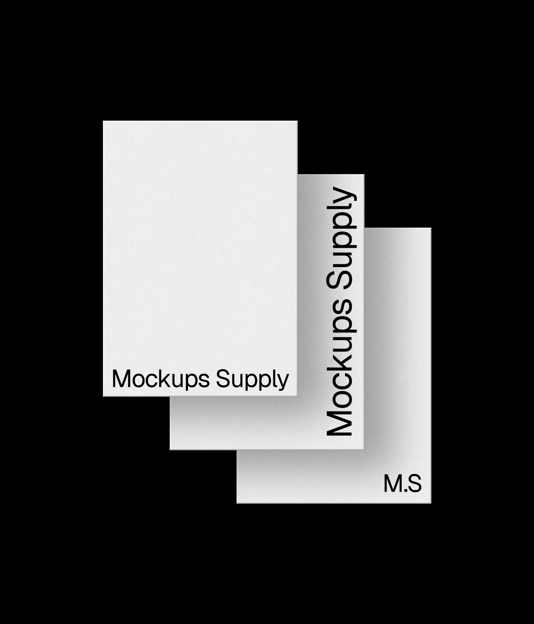 3 A5 paper mockup portrait for Photoshop with debossed text effect, white papers on black background, clean minimal stationery and print branding mockup