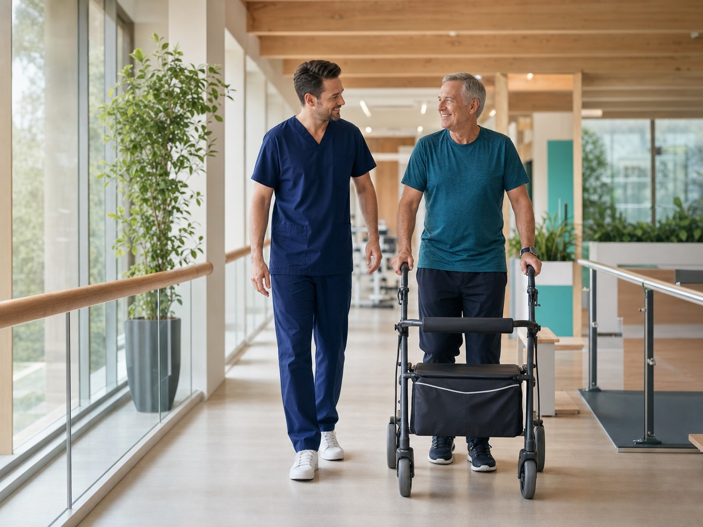Een zorgprofessional begeleidt een client met een rollator tijdens een revalidatiewandeling.