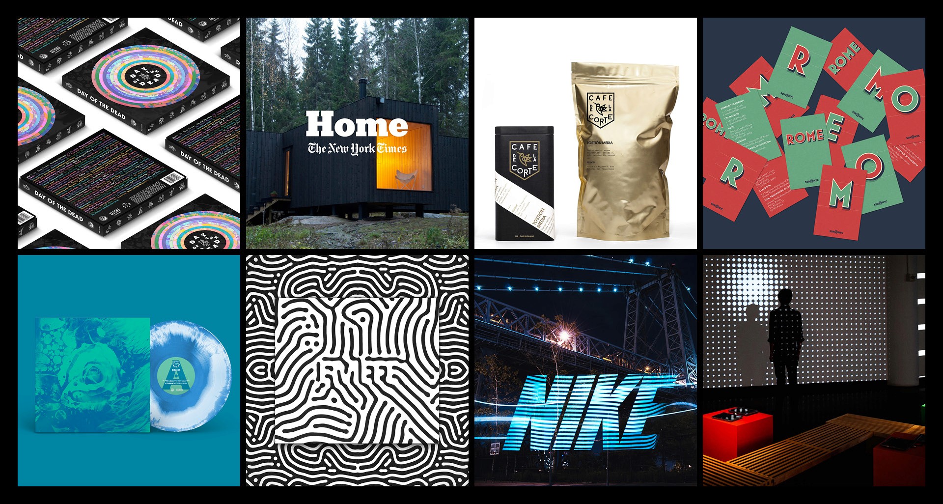 A set of colorful images representing text logos, album covers, paper bags and other generated objects.