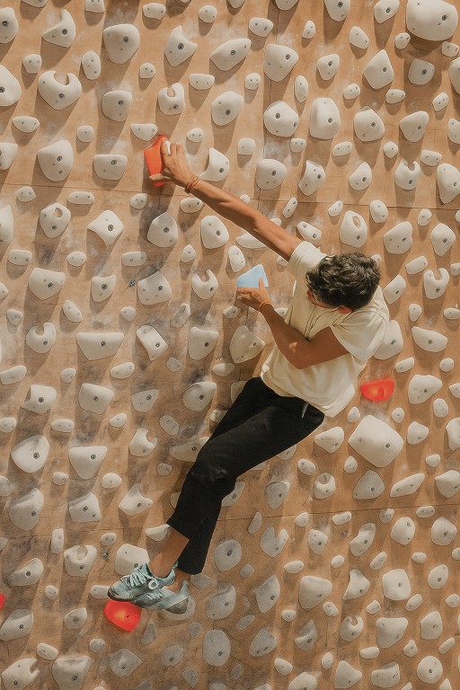 Indoor Bouldern an einer Systemwand mit vielen Griffen – Kletterer trainiert an einer interaktiven Boulderwand mit variabler Schwierigkeit. Urbanes Bouldern & Functional Fitness in München.
