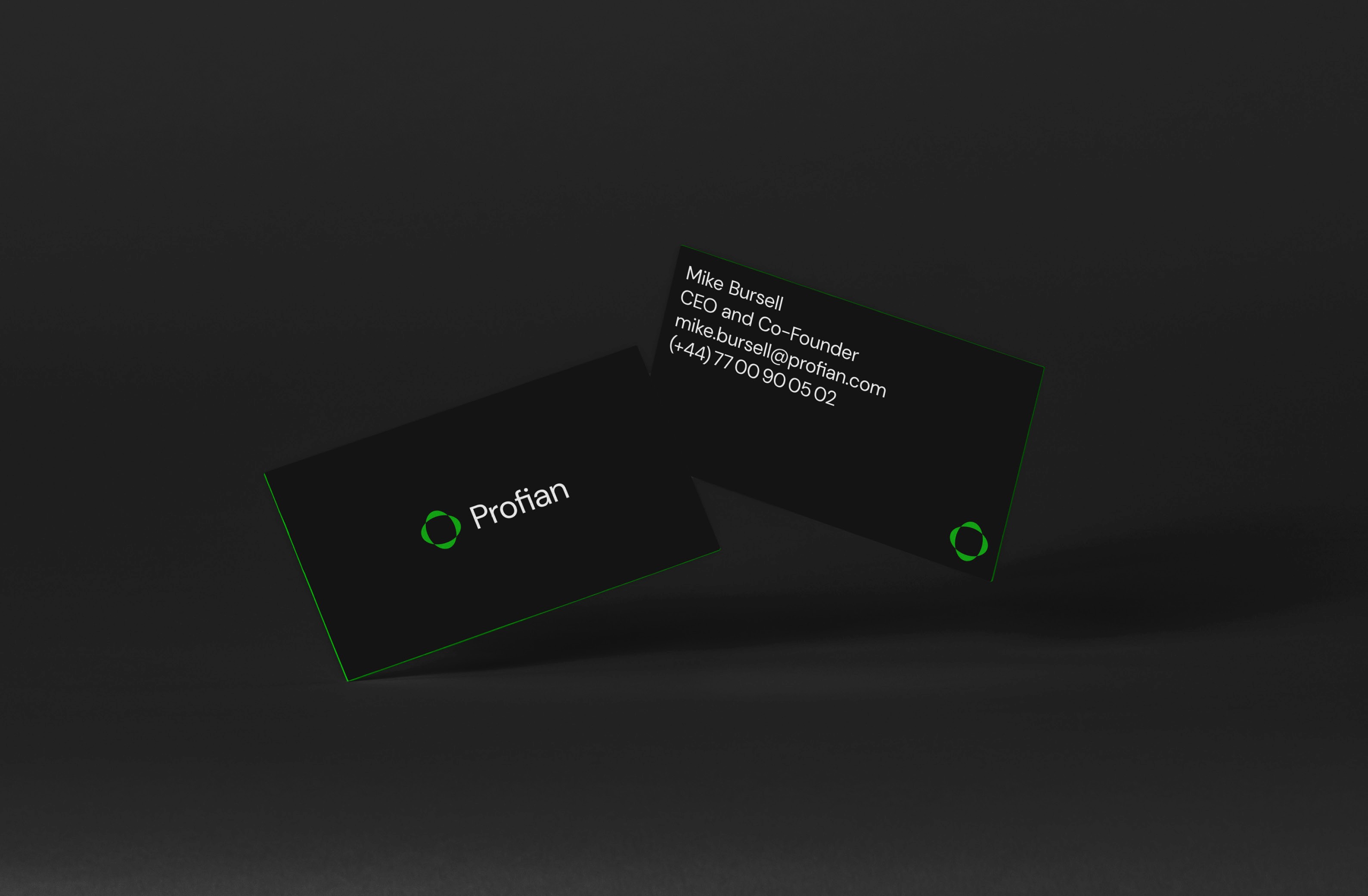 Professional business cards featuring the logo and contact details of Mike Bursell, CEO and Co-Founder of Profian.