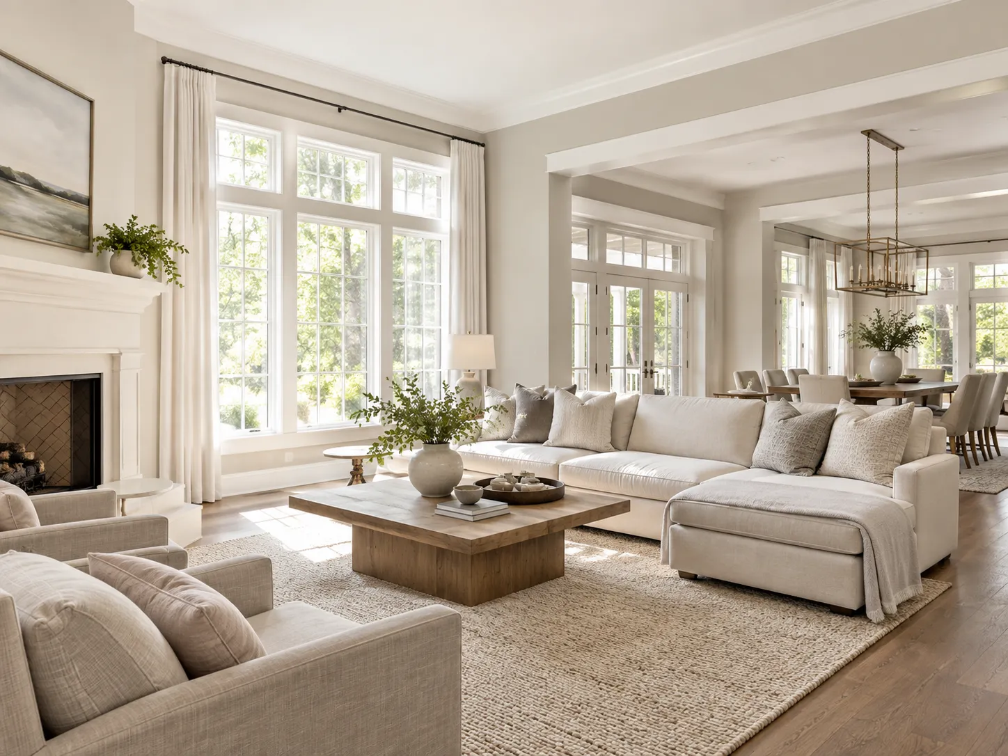 Open-concept living and dining room in soft greige and white