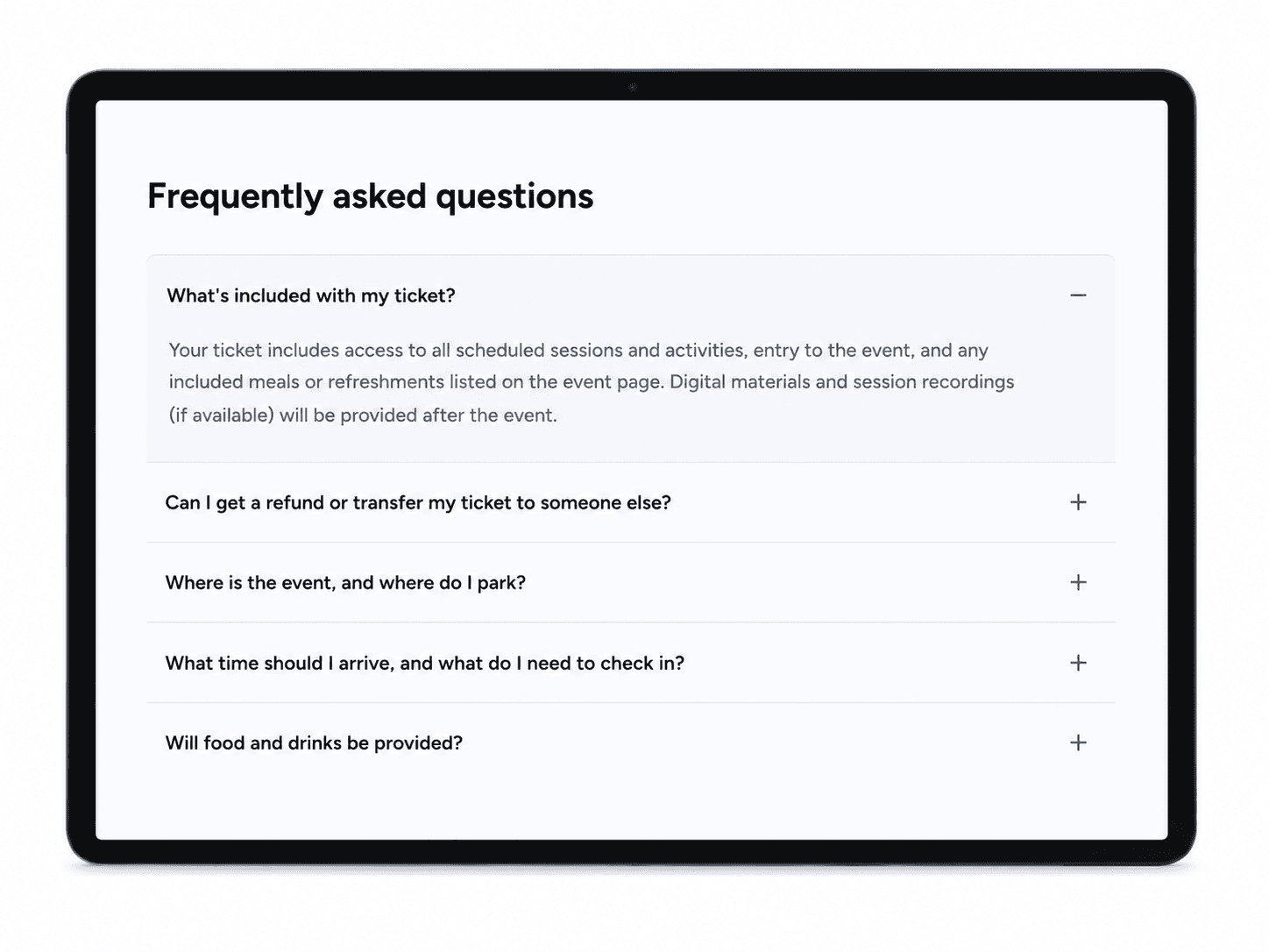 FAQ section on an event page showing common attendee questions, with one answer expanded.