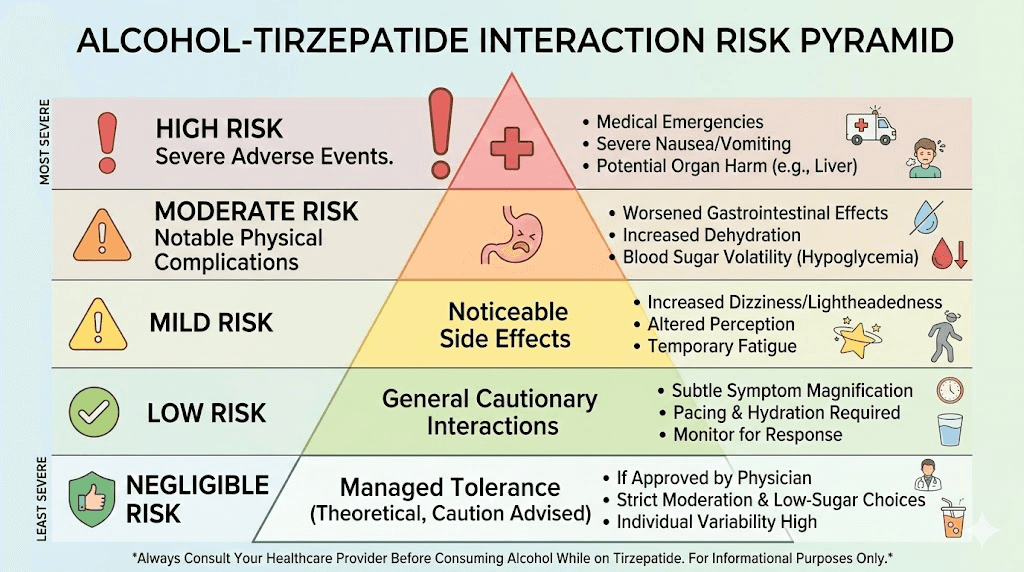 Five biggest risks of drinking alcohol while taking tirzepatide ranked by severity
